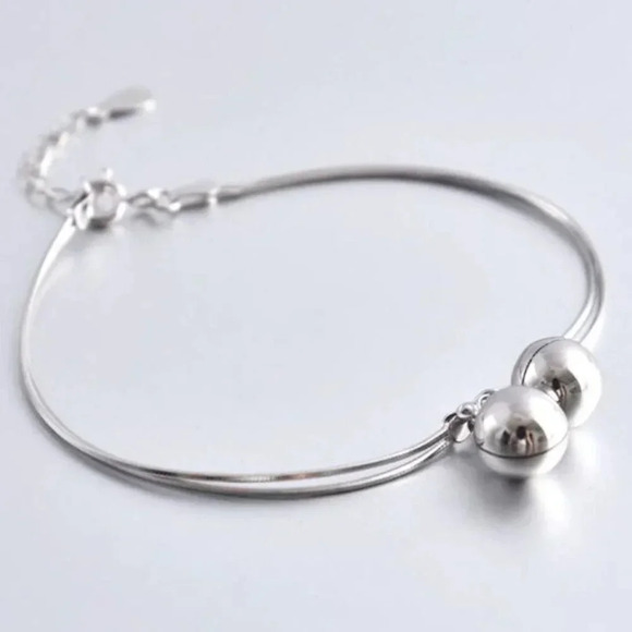 925 Sterling Silver Dangle Ball Charm Bracelet Double Layer Snakechain Bracelet - Picture 2 of 6